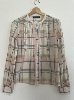Women's NWT M&S Collection Ivory Pink Blue Plaid Ruffle Blouse UK 8 US Size 4