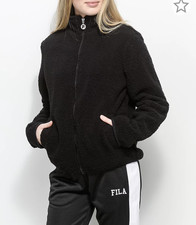 Fila Womens Jacket Collared Cozy Up Sherpa Logo Zip Up Pockets Black L Large Nwt
