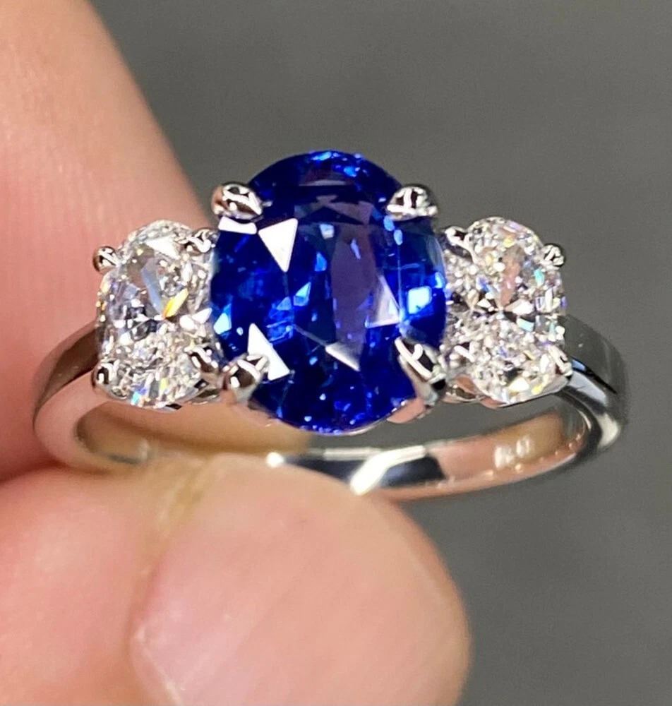 Diamond Three Stone Sapphire Engagement Ring 2.96 Ct Lab Created