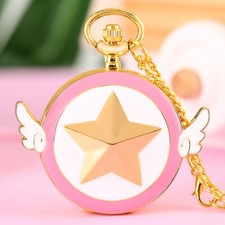 Fashion Pentangle Wing Design Women Anime Quartz Pocket Watch Necklace Chain