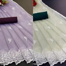 Women's Nylon Shining Net Saree With Separate Blouse Piece