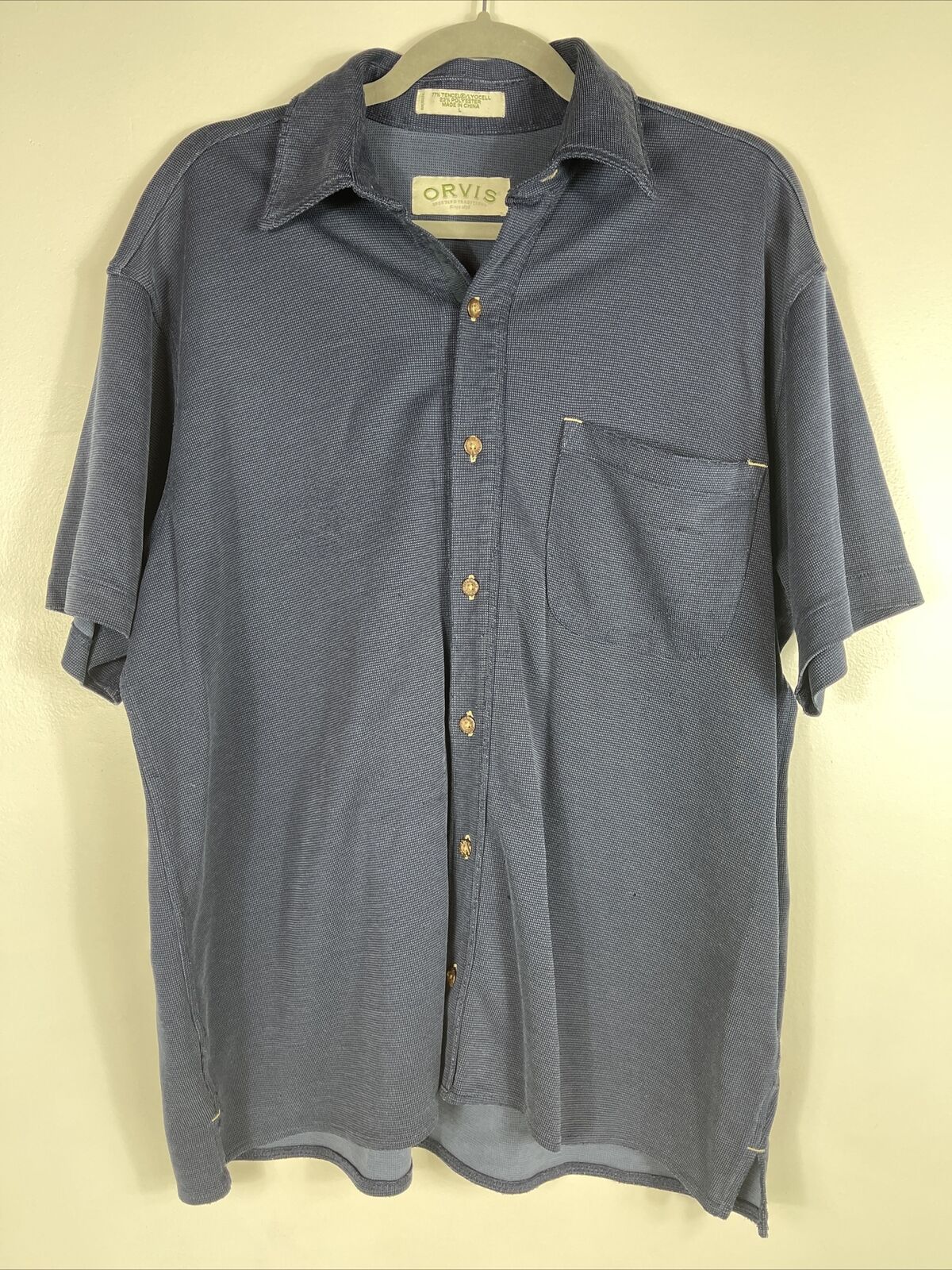 Orvis Fishing Button Up Shirt Hemp Tencel Blue Short Sleeve Mens Size L