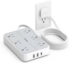 10ft Long Extension Cord Power Strip Flat Plug Ultra Thin Plug with 6 Outlet USB