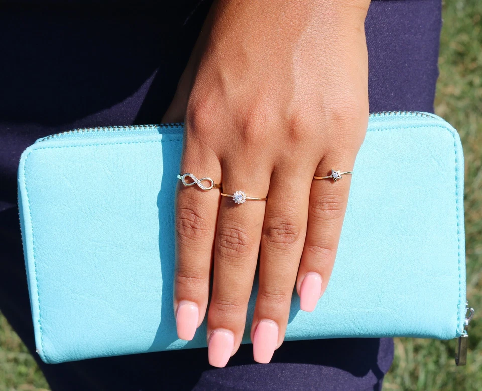 10K Real Solid Yellow Gold Flower Halo CZ Band Ring Dainty Minimal Band Ring - Image 3 of 4