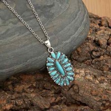 Silver Turquoise Vintage Design Necklace-Oval Shape Turquoise Silver Pendant