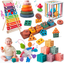 6-In-1 Montessori Baby Toy Set with Wooden Shape Sorter Xylophone Teether