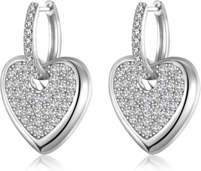 Silver Cubic Zirconia Heart Dangle Earrings for Women Art Deco Black Enamel Circ