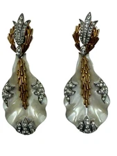 Trifari Philippe Coquilles Gold Sea Seashell Iridescent Enamel Earrings