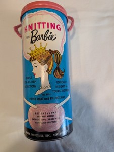 Knitting For Barbie Kit. Vintage 1962. Includes Tin, and other items.