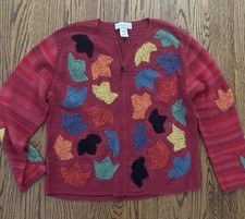 Vintage Susan Bristol Fall Leaf Leaves Rusty Muted Color Cardigan Sweater XL