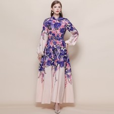 Spring Fall Vintage Floral Print Mock Neck Belt Long Sleeve Women Casual Dresses