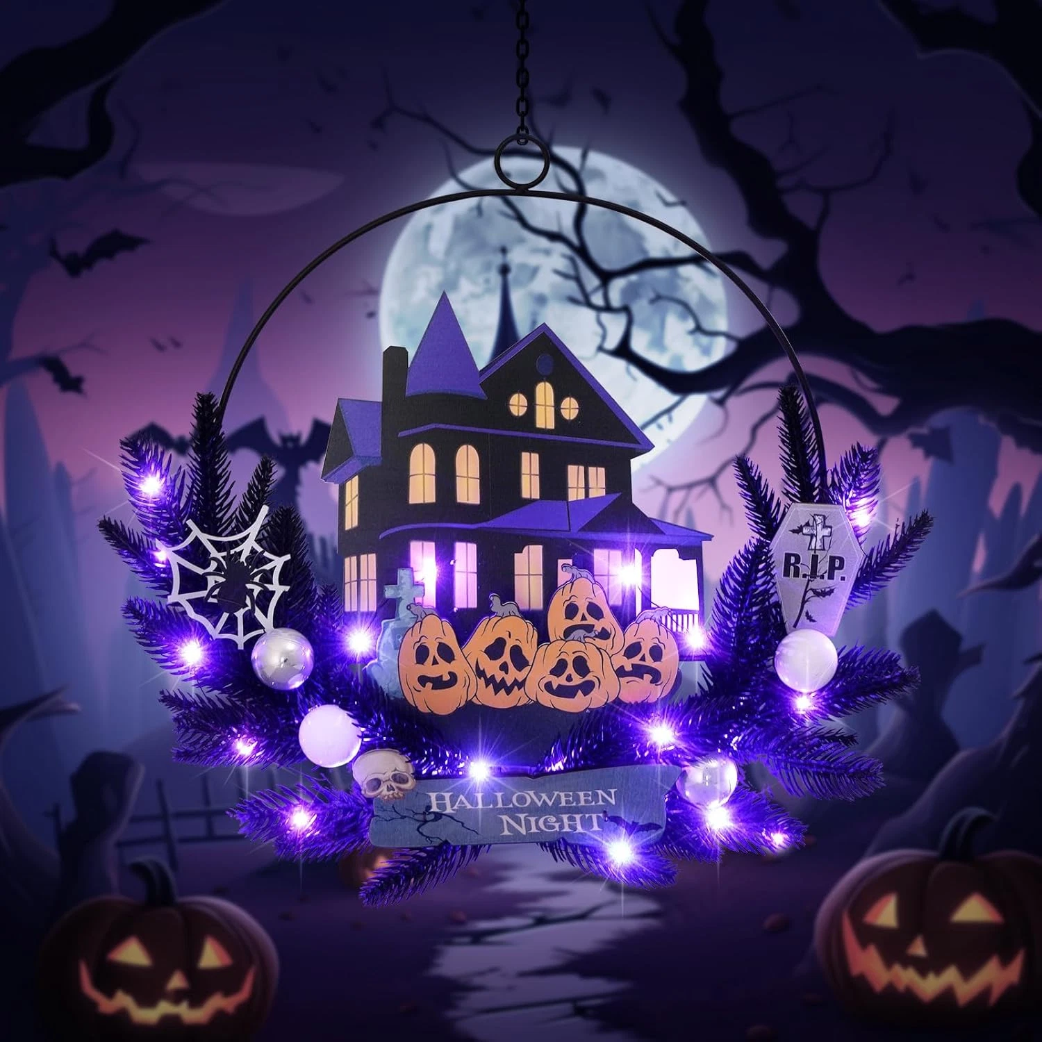 Lighted Halloween Wreaths for Front Door, Welcome Metal Wooden Door Wreath Decor