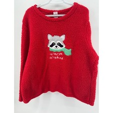 Ugly Xmas Red Teddy Fleece Raccoon Warm Wishes Pullover Sweatshirt Women's 2X