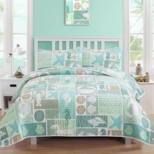 King Size Coastal Green Quilt Set 3-Piece Reversible Beach Theme Coverlet