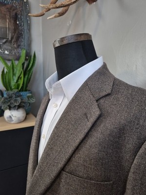   RBM Mens Wool Sports Coat 46R Taupe Herringbone 2 Button
