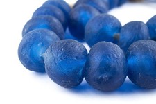 Jumbo Blue Recycled Glass Beads 23mm Ghana African Sea Glass Round Large Hole