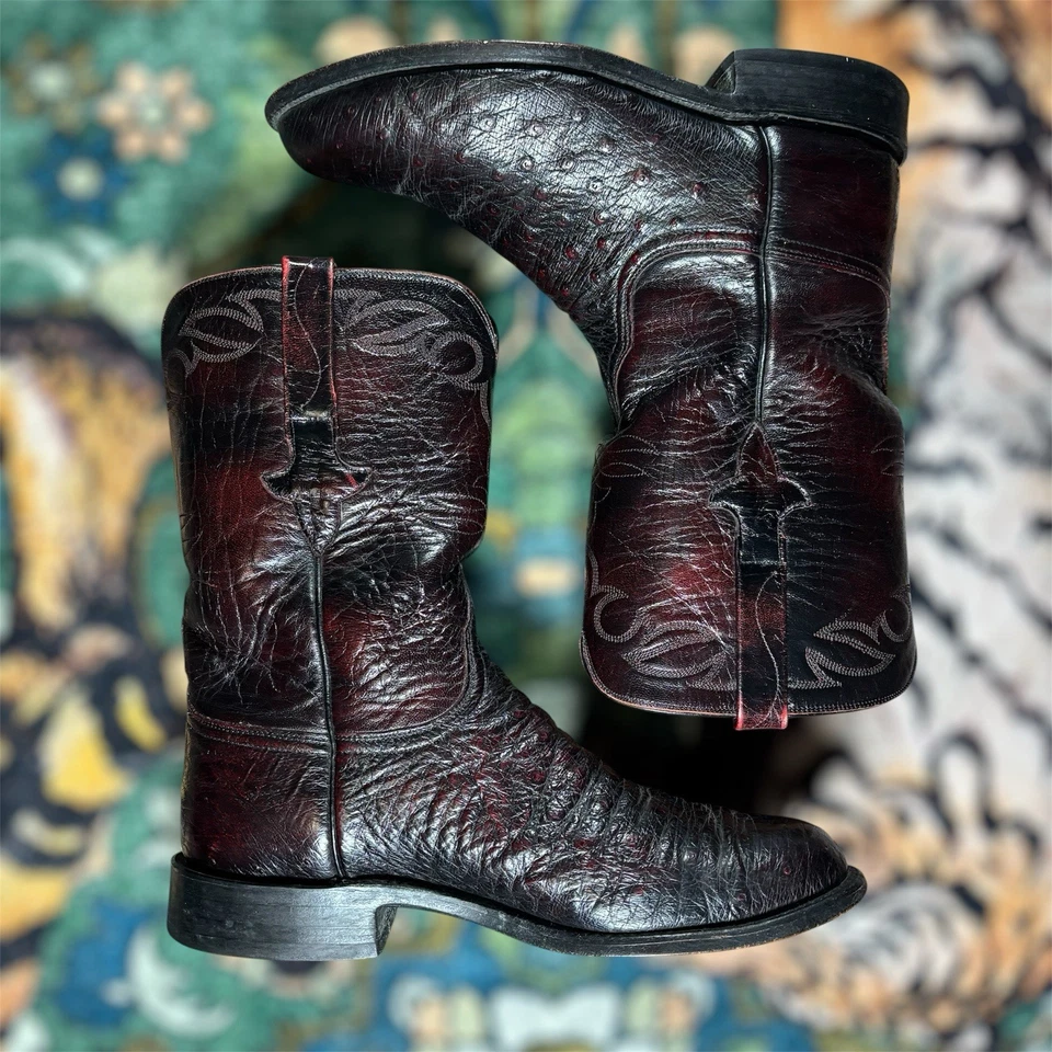Lucchese Exotic Burnished Ostrich Leather Black Cherry Size 8 2E Handmade In USA - Image 3 of 4
