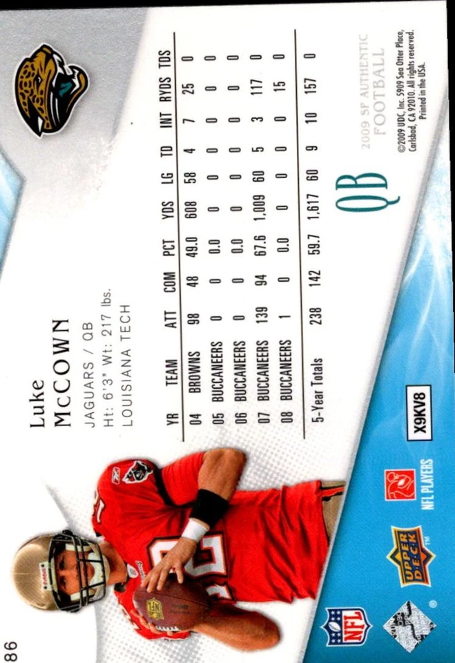 2009 SP Authentic Luke McCown Jacksonville Jaguars #86 - Image 2 of 2