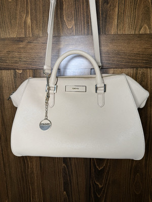 DKNY Tote shoulder bag Purse beige Gold Charm Satchel Great Clean Condition EUC