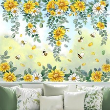 8 Sheets Spring Summer Window Clings,Daisy Floral Bee Window Stickers Hanging...