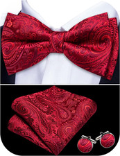 Paisley Striped Bow Tie for Men Silk Pre-Tied Bowtie Pocket Square Cufflinks Set