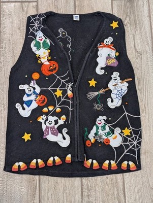 Women s Halloween Sweater Vest Ghost Pumpkin Novelty Knit Austin s Clothing Co M