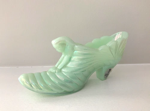 Vintage FENTON Glass IRIDESCENT Jadeite Green Cat Head Drapery SHOE Slipper 5290