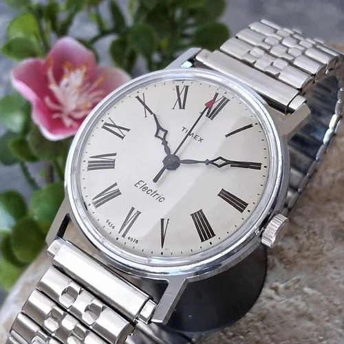 Serviced 1970 Timex Electric Roman Numeral White Dial Men's Vintage Watch