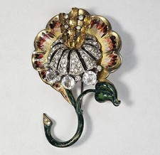 Boucher ? 1940s Enamel Rhinestone Flower Brooch Large Unsigned Yellow And Green