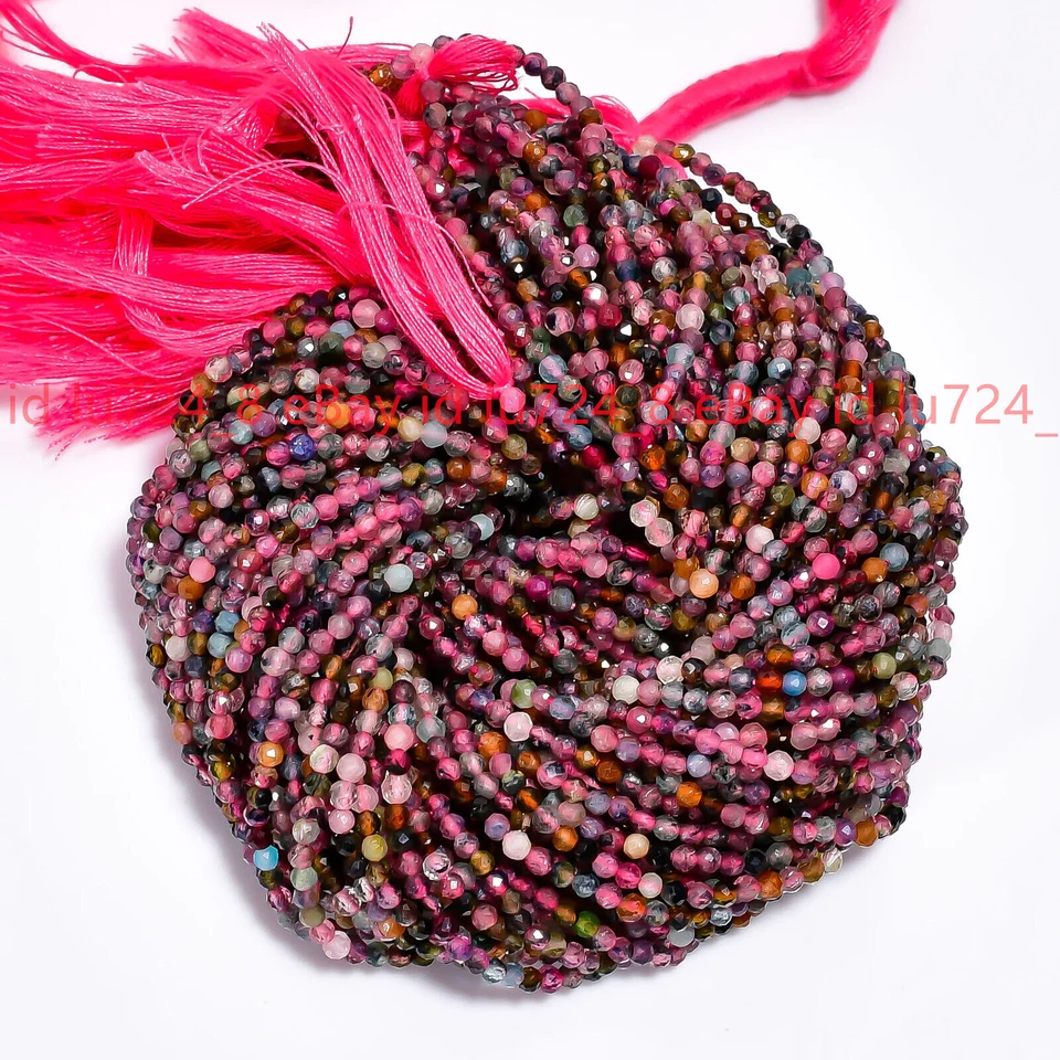 3X3mm Natural Multicolor Tourmaline Gemstone Round Faceted Beads 15 in/Strand - Image 3 of 4