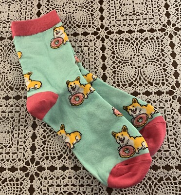 Welsh Pembroke Corgi Crew Socks Mint Green Unisex One Size Tan Dogs With Donuts