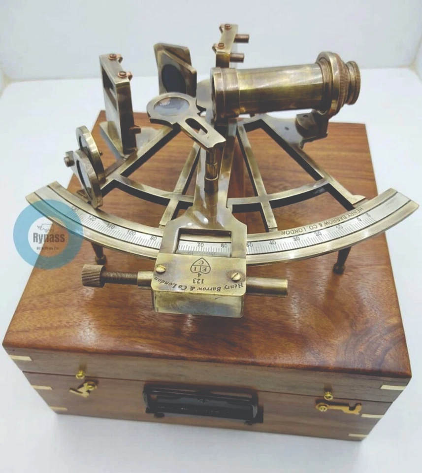 9" Vintage Solid Antique Brass Nautical Functional Sextant with Wooden Box - Image 2 of 4