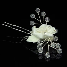 1 White Fabric Flower With Rhinestones And Beads Bridal Wedding Hair Pin 