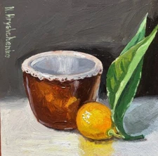 Original Oil Painting still life Vintage ceramic vase and citrus fruit 5x5 inch