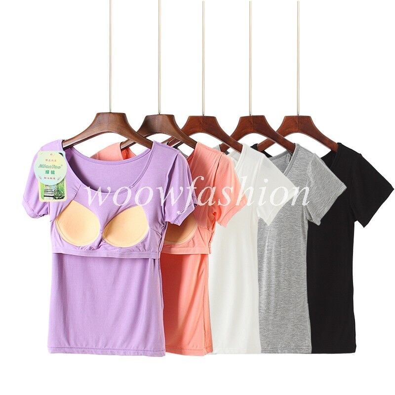 Women's Stretch Cotton Short Sleeve with Built-in Shelf Bra Shirt