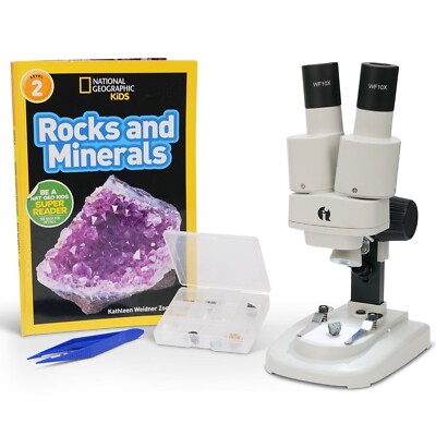 IQCREW Amscope Kids 20X Portable LED Microscope + Rock & Minerals + Book