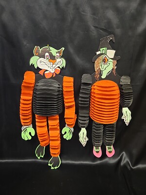 Pair Vintage Beistle Halloween Paper DieCut Dancer Honeycomb Accordian Witch Cat
