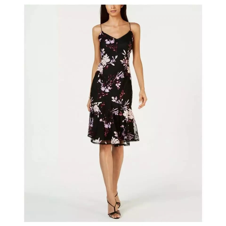 $289 NWOT Adrianna Papell Women's Black Floral Sequins