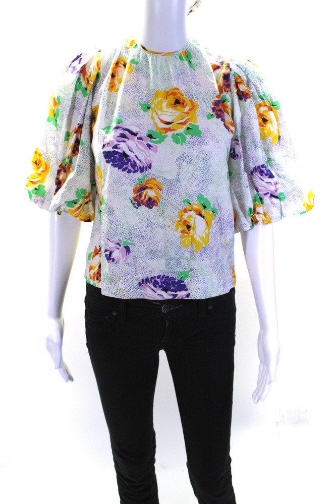 MSGM Womens Scoop Neck Floral Print Waist Tie Blouse White Size Small