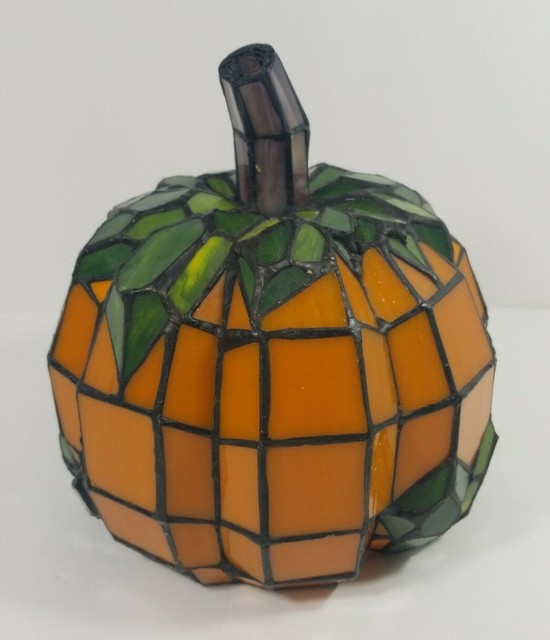 Tiffany Style Pumpkin Stained Glass Accent Lamp Orange Halloween Fall