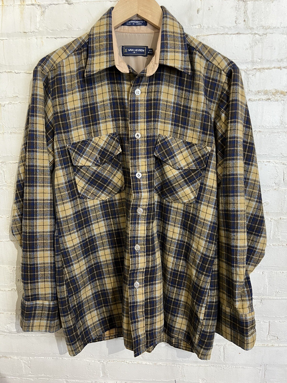 vintage van heusen flannel shirt mens medium vtg grunge 80s outdoors rocknroll