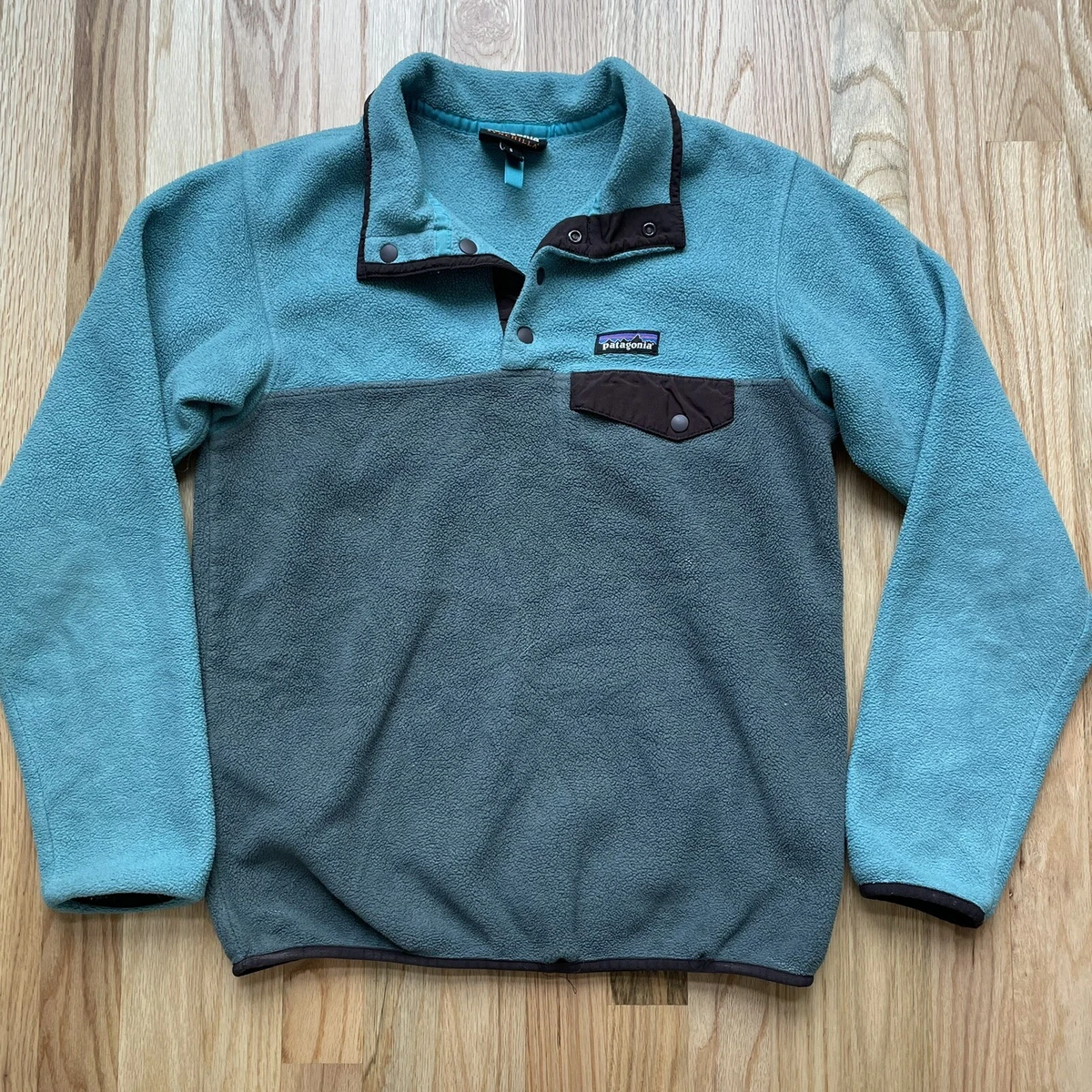 Women's Patagonia Synchilla Teal Blue Brown Snap T Fleece Pullover Jacket  Sz S