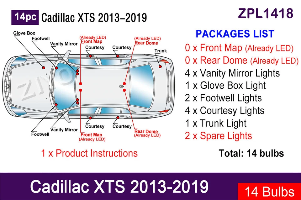 Kit de actualización de luz interior LED de 14 piezas para Cadillac XTS 2013-2019 blancas Foto 2 de 4