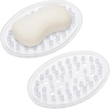 2 Pieces Plastic Soap Dish Clear Bar Holder Tray Self Draining Soap Saver with H