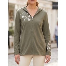 J.JILL Olive Floral Embroidered Zip Hoodie S Cottagecore Lounge Layer