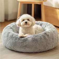 20" Calming Fluffy Donut Dog  Cat Bed - Anti-Anxiety Faux Fur Comfort