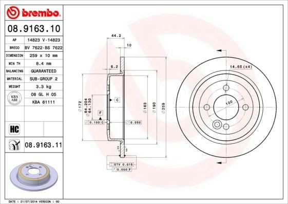 Disque de frein 08.9163.11 BREMBO pack de 2 pour remplacer disques arrière usés sur MINI