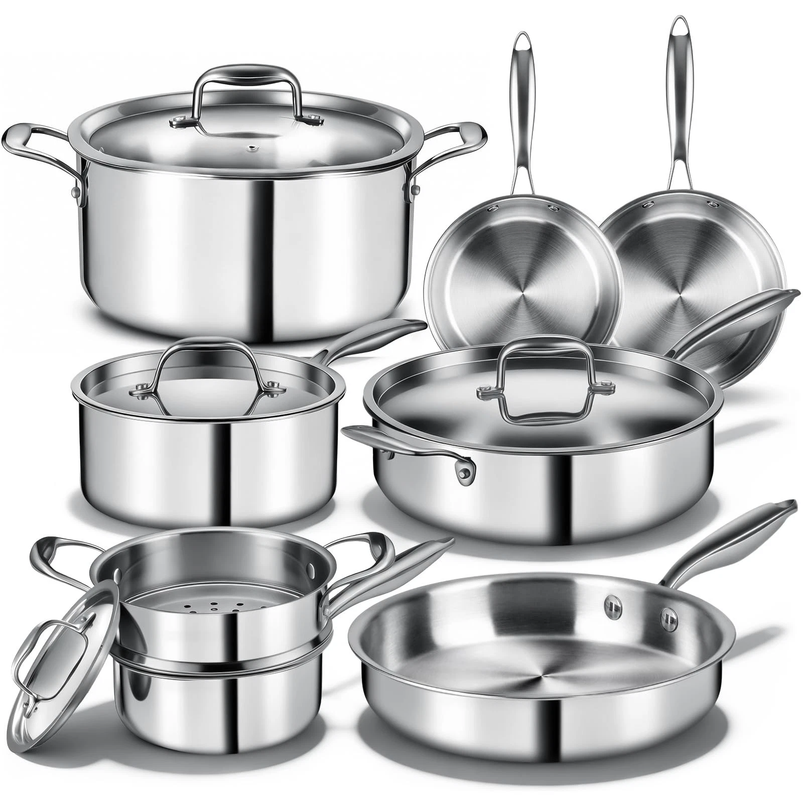 Triple Ply Stainless Steel Pots and Pans Set, EWFEN 12 12 Pieces, Silver