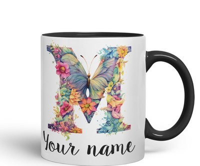 Personalisierte Tasse Buchstabe M individuell Blumen Schmetterling Alphabet Monogramm