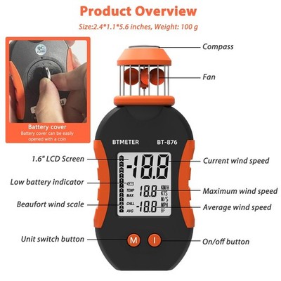 BTMETER Anemometer Handheld Digital Windmessgerät Luftgeschwindigkeits 0.7-42m/s